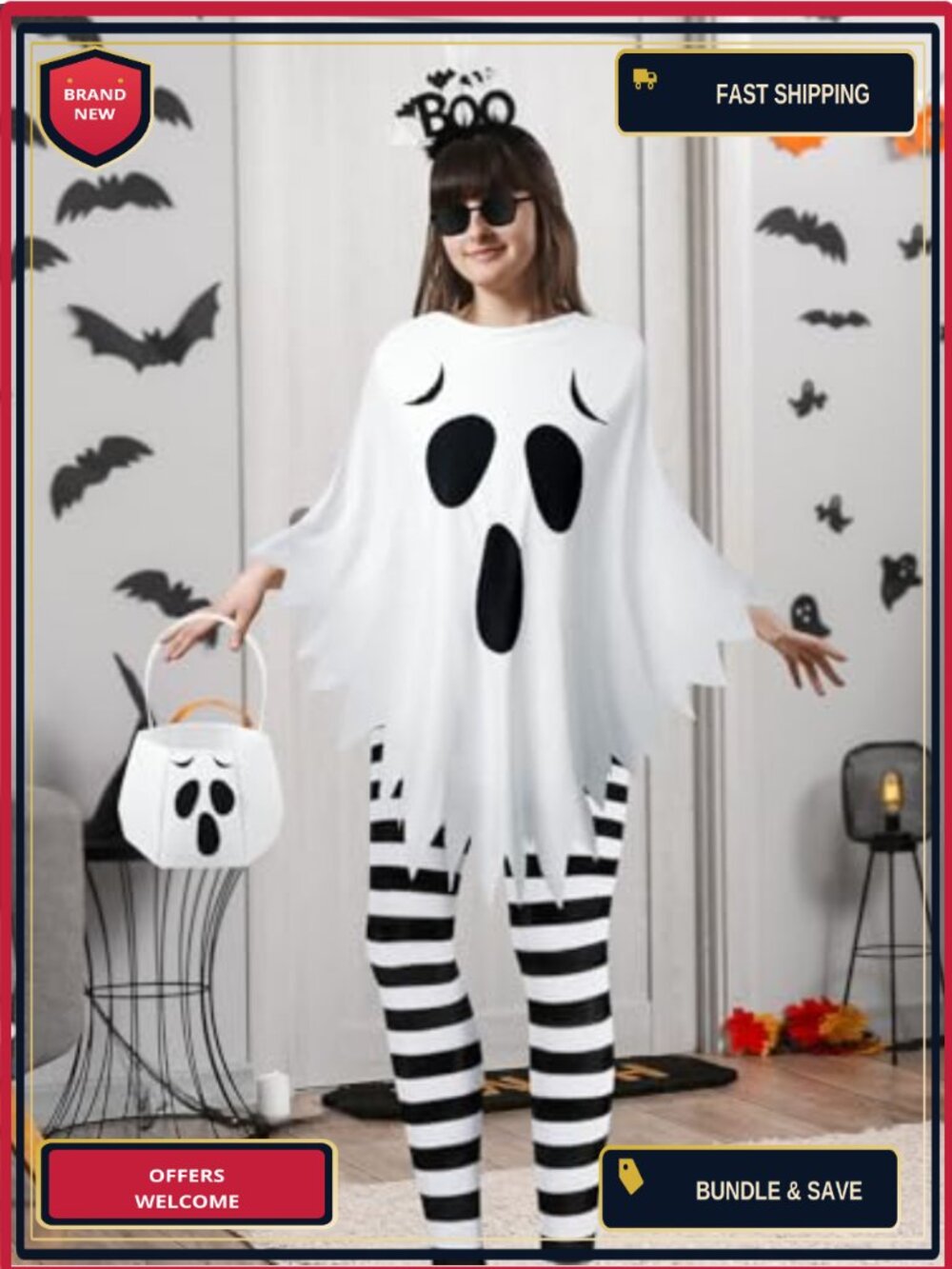 5 Pc Ghost Halloween Costume Kit Poncho Headband Tights Candy Bag Cosplay - Picture 3 of 6